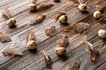 Beautiful pheasant feathers and eggs on wooden background