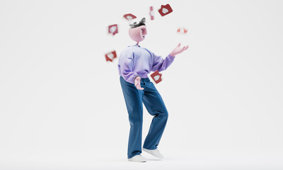 some Travor juggles with heart icons. Social media popularity concept. Highly detailed fashionable stylish abstract character isolated on white background. Right view. 3d rendering.