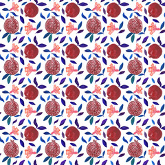 Hand drowing seamless pattern with pomegranate for fabric, clothing, design interior, background, wallpaper, kitchen, bed linen, dress, clothes, packaging and cover