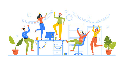 Joyful Managers Colleagues Characters Celebrating Christmas Holiday Together. Happy Business Men and Women Having Fun