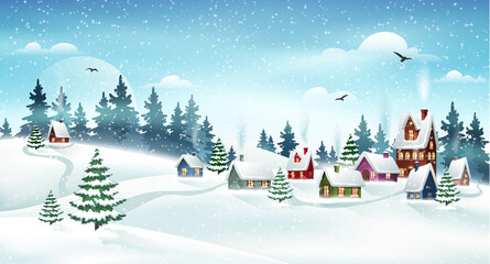 Fototapeta na wymiar Winter landscape with houses