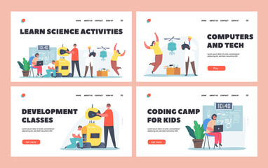 Obraz na płótnie Canvas Kids Learn Science Activities Landing Page Template Set. Kids Programming Creating Robots in Class. Engineering for Kids