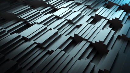 Computer generated background waves of rectangles, top view. 3D rendering undulating stepped background
