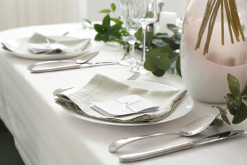 Beautiful table setting for wedding celebration in restaurant, closeup