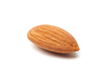 One almond nut isolated on white background. Nuts and seeds. Tasty and healthy organic snack. Almond shelled nuts closeup view.