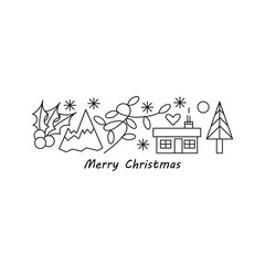 doodle christmas poster with lettering and outline elements, mistletoe, mountain, garland, house, home, pine tree, snowflakes