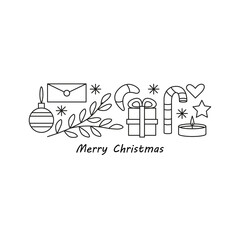 doodle christmas poster with lettering and outline elements, envelope, bauble, gift box, cookie, candy cane, candle, star, heart, snowflakes