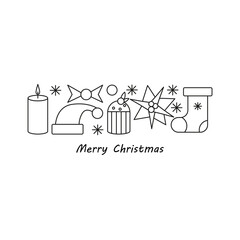 doodle christmas poster with lettering and outline elements, candle, candy, cake, christmas sock, plant, santa hat, poinsettia, heart, snowflakes