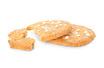 Broken tasty cookies with chocolate chips on white background