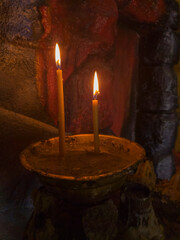 two burning candle in advent. Retro, vintage Candelabra With Burning Candles