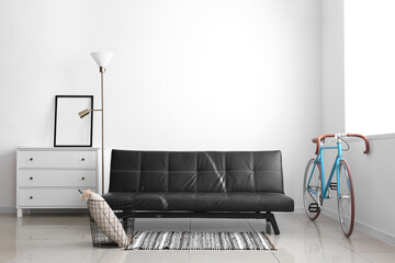 Interior of light living room with black sofa, chest of drawers and bicycle