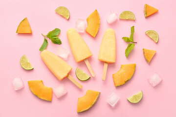 Tasty melon popsicles on color background