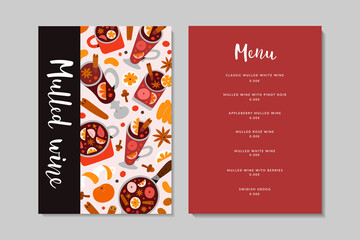 Mulled wine menu card template with price, hot spiced seasonal alcohol drinks, wine list, menu layout with modern cartoon illustrations, winter glintwine, design concept
