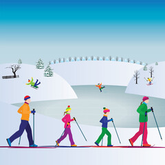Family skiing. Family sports. Winter sport.
