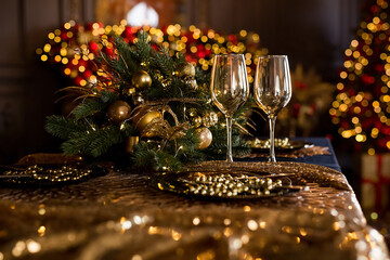 Empty glasses close up. Beautiful table setting with Christmas decorations in living room