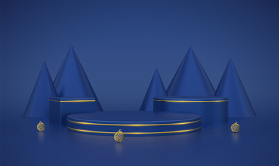 Blue round and cube podium. Scene and 3D platform with gold circle, balls and pine cone trees on blue background. Blank Pedestal concept. Advertising design. Show and sale template. Realistic vector.