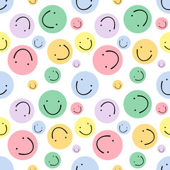 Beautiful multicolored smiley emoji background pattern on white background.	

