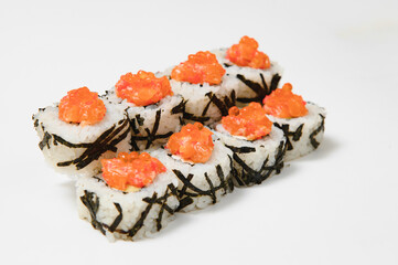 Japanese seafood sushi , roll on a white background
