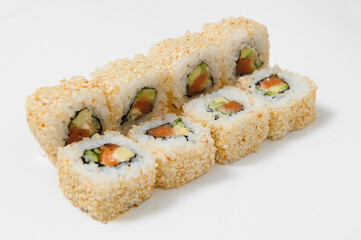 Japanese seafood sushi , roll on a white background