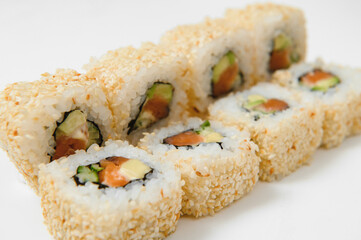 Japanese seafood sushi , roll on a white background