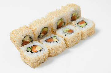 Japanese seafood sushi , roll on a white background