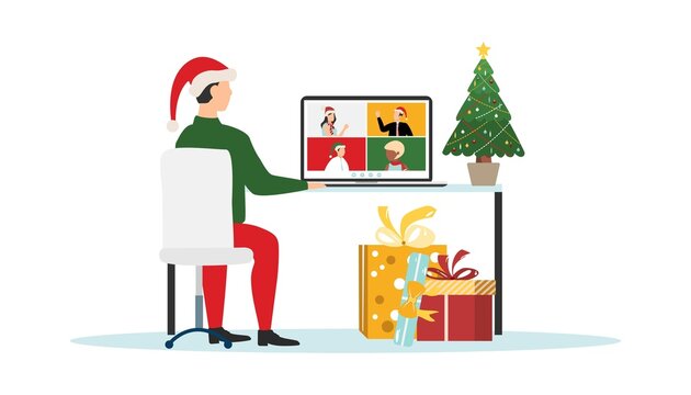 People wishing Merry Christmas and Happy New Year. Celebrating holiday and giving gifts via video call or web conference in 2022. Vector