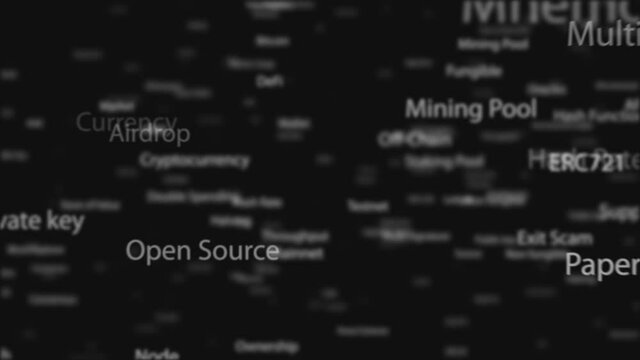 Crypto words, crypto, blockchain and WEB 3.0 related words, cloud tag animation on black background with focus and blur