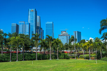 a panoramic view of urban skyline with green tree area in qianhai sub-district of shenzhen china