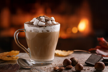 Cocoa with marshmallows and chocolate in a glass mug on a wooden table near a burning fireplace