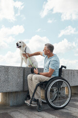 Vertical full length portrait of adult man in wheelchair enjoying outdoors with white dog, copy...