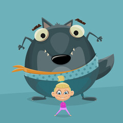 funny cartoon girl with big wolf standing behind