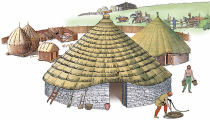 The Celtic house was usually circular, with a large sloping roof of straw and walls made of stone or wood - obrazy, fototapety, plakaty