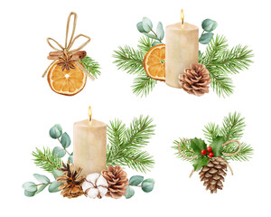 Watercolor Christmas candle with holiday decor. Botanical illustration for design. Hand painted floral composition with eucalyptus leaves, bells, pine cones and berries isolated on white background. 