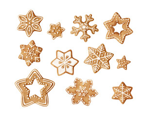 Watercolor Christmas set of gingerbread christmas tree, candies, cookies. Hand drawn.