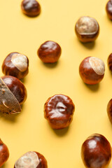 Many chestnuts on color background, closeup
