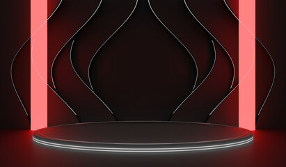 Sci Fi Pedestal, Podium, Place For Product. Colored Neon Glow. 3D Rendering Image.