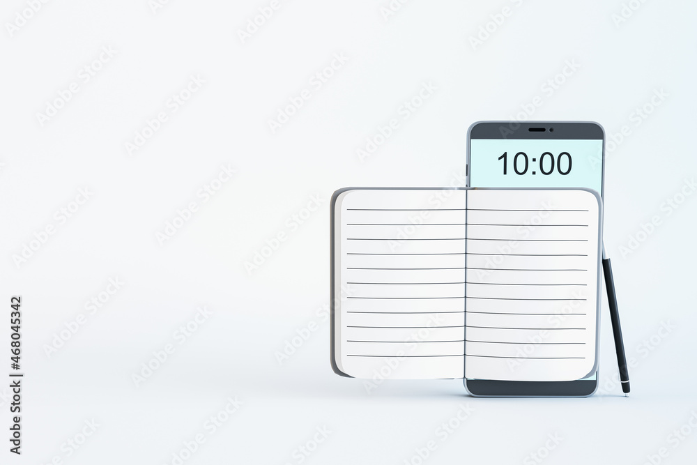 Poster Abstract cellphone with notepad and pen on white background with mock up place. Phone notes and organizer concept. 3D Rendering.
