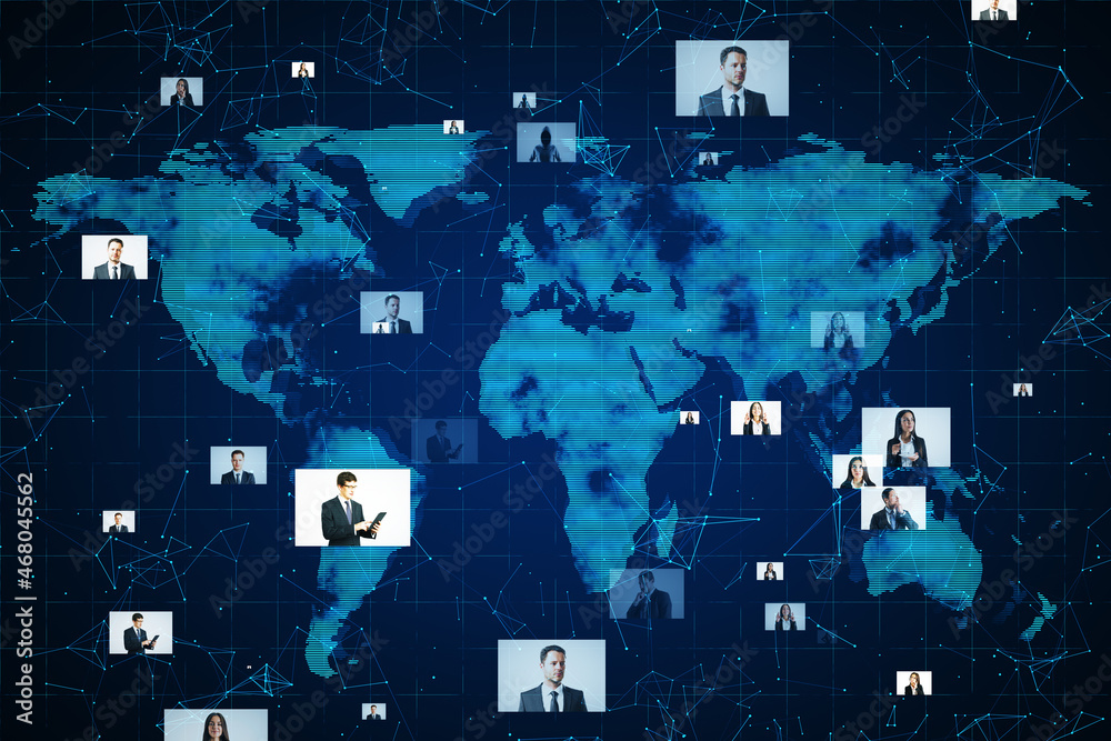 Aufkleber abstract glowing map hologram with photo gallery on blue background. technology, global media and en
