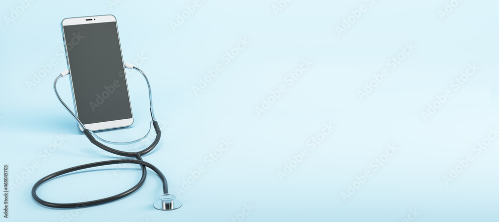 Poster Close up of abstract empty cellphone screen with stethoscope on light wide panoramic background with mock up place. Online medicine, ask a doctor concept. 3D Rendering.