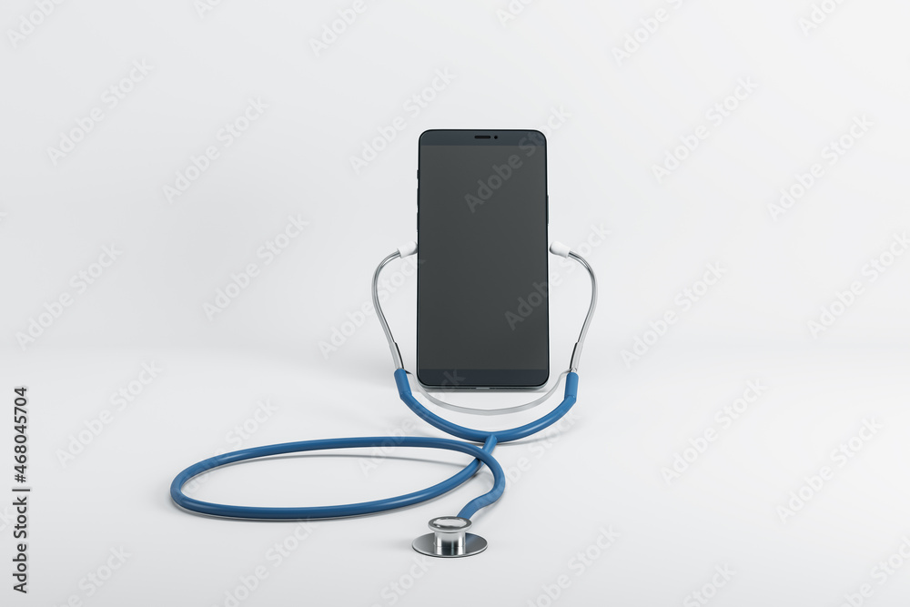 Aufkleber Close up of abstract empty smartphone screen with stethoscope on light background with mock up place. Online medicine, ask a doctor concept. 3D Rendering.