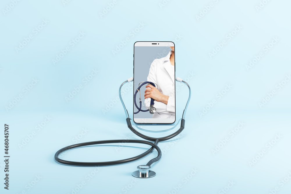 Poster Close up of abstract smartphone screen with stethoscope on blue background with mock up place. Online medicine, ask a doctor concept. 3D Rendering.