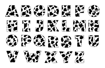 Animal font for posters. Cow spots black and white. Holstein cattle. Retro alphabet. Vintage print skins typeface, editable and layered. Vector Trendy modern chrome capital letters for banners.