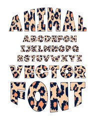 Animal font for posters. Mammals Fur. Leopard Jaguar. Retro alphabet. Vintage print skins typeface, editable and layered. Vector Trendy modern chrome capital letters for banners.
