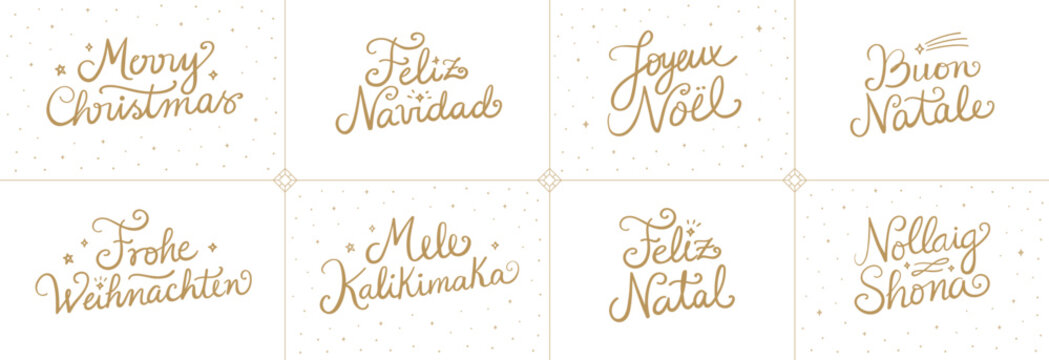 Merry Christmas (English), Feliz Navidad (Spanish), Joyeux No&euml;l (French), Buon Natale (Italian), Frohe Weihnachten (German), Mele Kalikimaka (Hawaiian), Feliz Natal (Portuguese), Nollaig Shona (Irish)