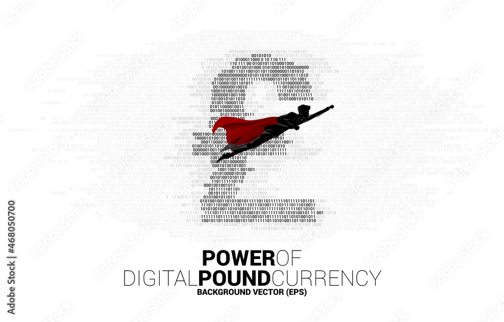 Poster silhouette of man in superhero suit flying with pound sterling currency money with one and zero bina