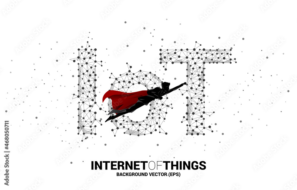 Poster silhouette of man in superhero suit flying with polygon dot connect line shaped iot wording . concep