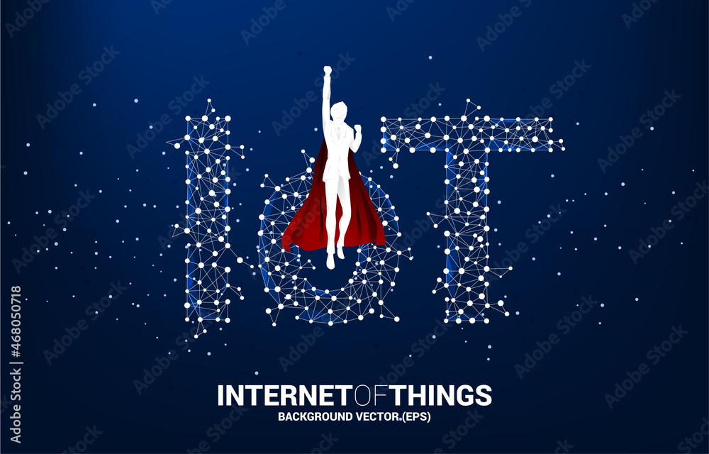 Aufkleber silhouette of man in superhero suit flying with polygon dot connect line shaped iot wording . concep