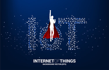 Silhouette of man in superhero suit flying with Polygon dot connect line shaped IoT wording . Concept for telecommunication and internet of things.