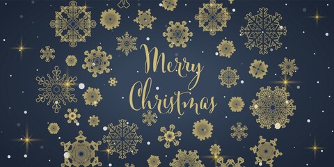 Winter snowflake greeting banner with blue background. Merry Christmas invitation design card. Wintertime paper poster template for christmas holiday. Vector illustration