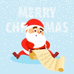 Happy man wearing in Santa Claus clothes read letter on snow background Merry Christmas concept. Vector illustration in flat style